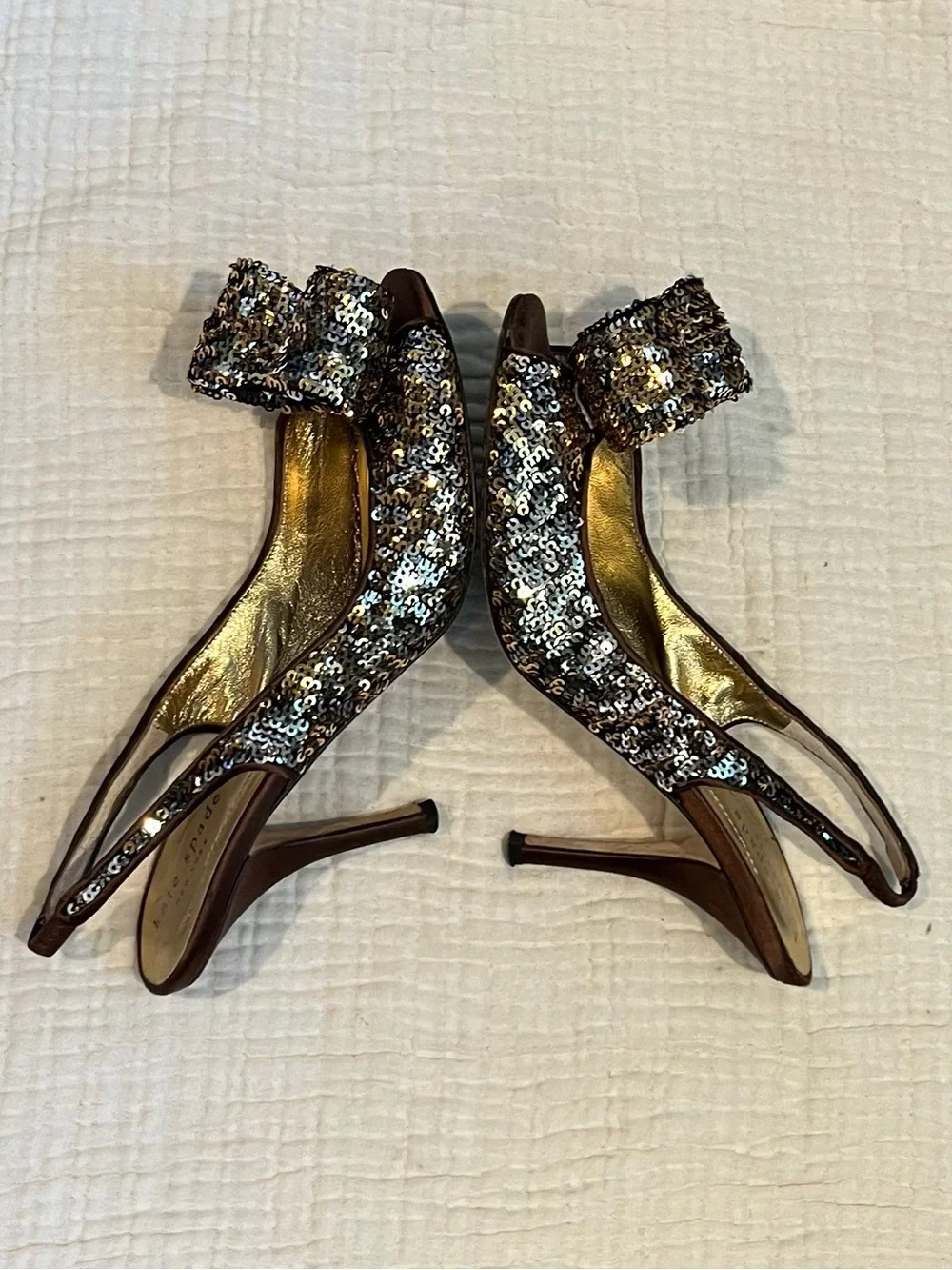 Kate Spade New York Gold Brown Sequin Bow Carly High Heels Open Toe Shoes 6